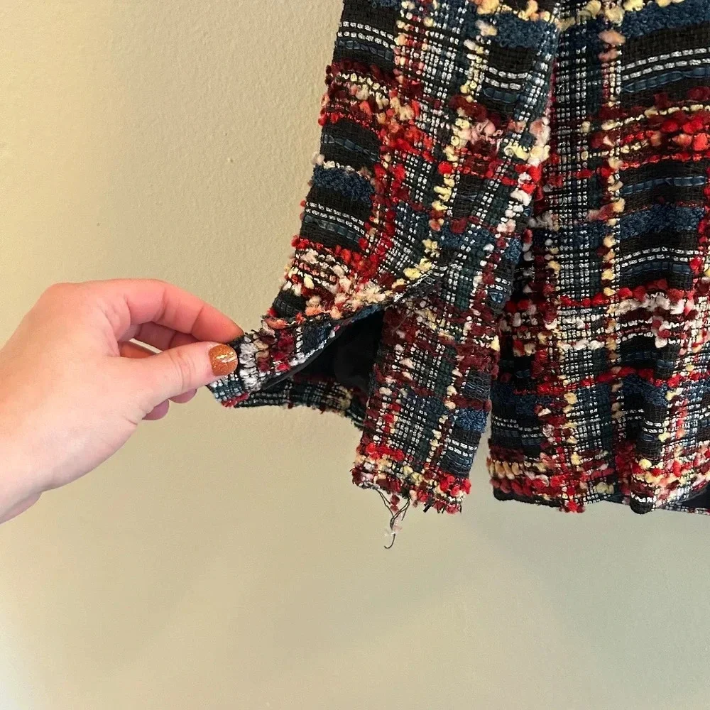 Smythe Boucle Leather-Detail Jacket Womens Size 6 Plaid Blazer Navy Career - Picture 8 of 10